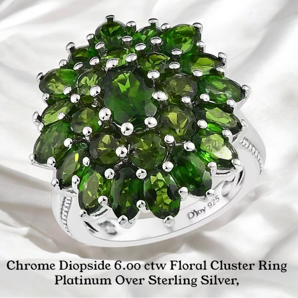 Chrome Diopside 6.00 ctw Floral Cluster Ring in Platinum Over Sterling Silver